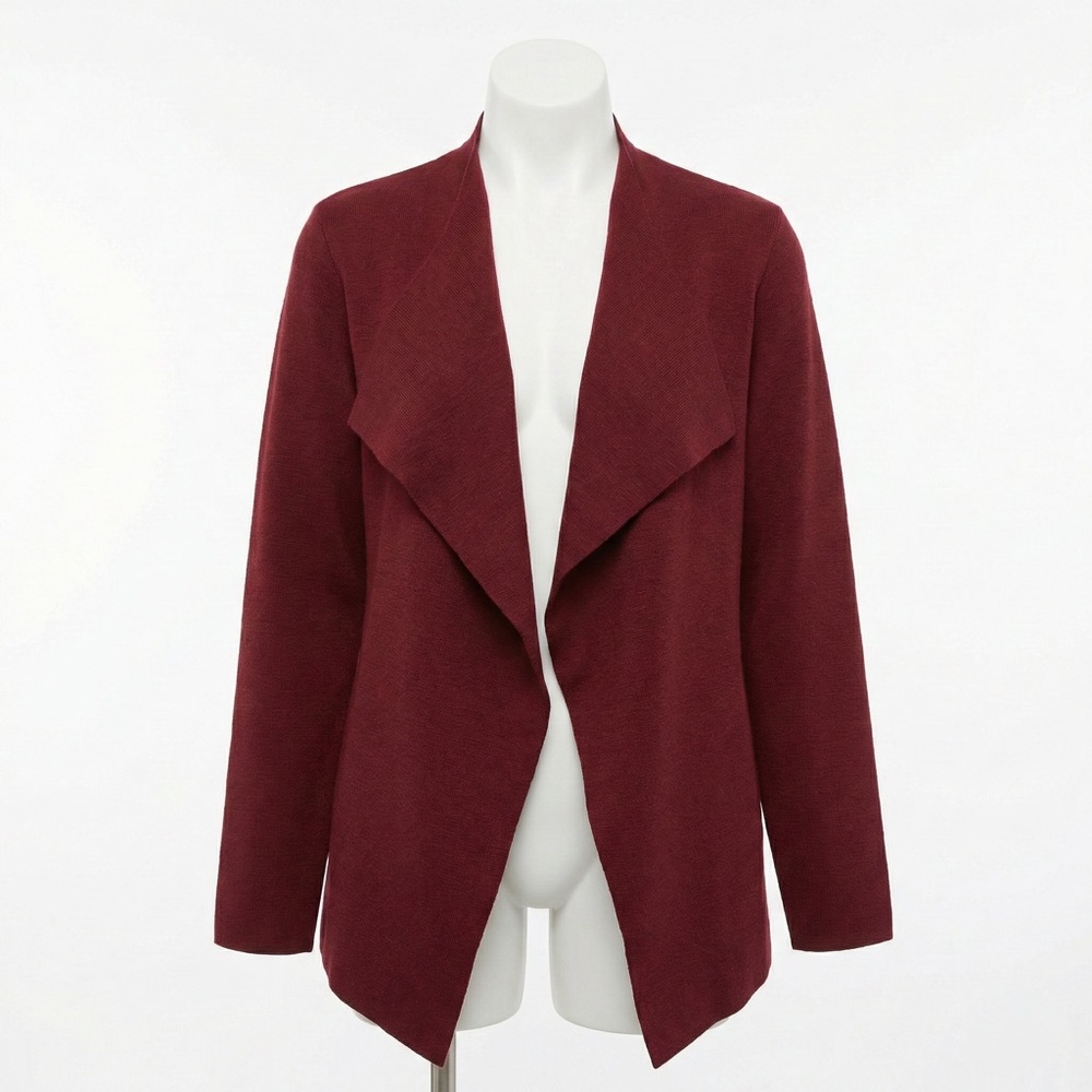 Eileen Fisher 100% Wool Open Front Jacket Burgundy Cardigan Blazer Drape Collar
